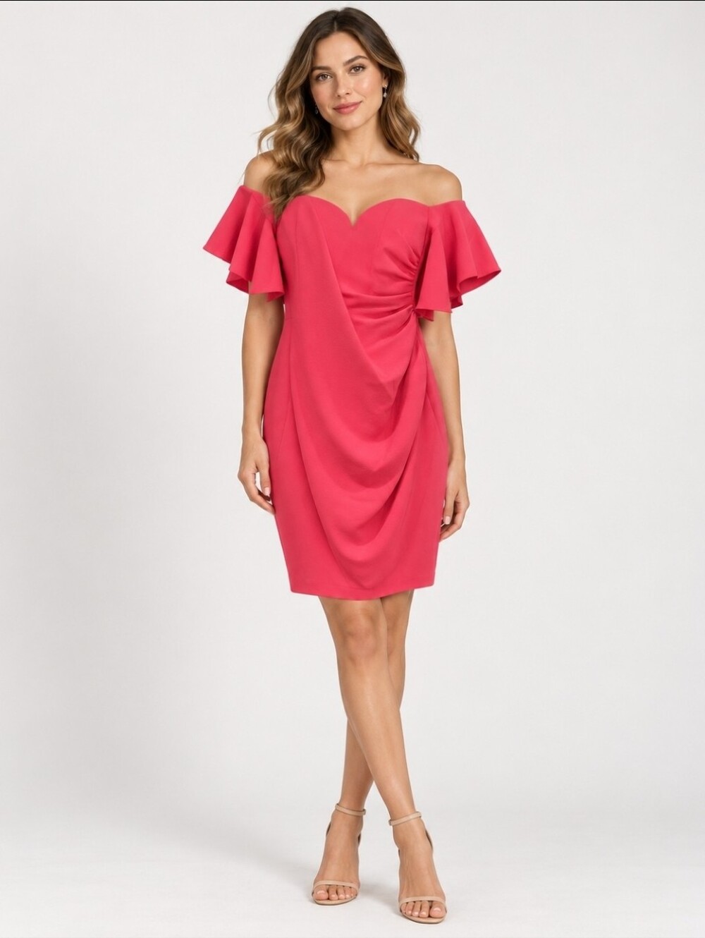 Badgley Mischka Coral Pink Off-the-Shoulder Cocktail Dress – Size 10